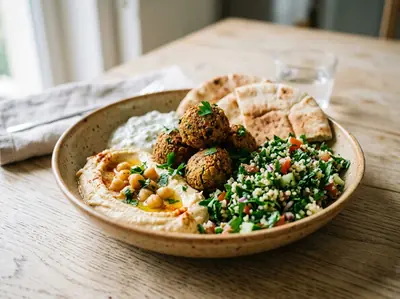 Falafel bowl s hummusem a tabbouleh