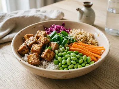 Teriyaki tofu bowl s edamame